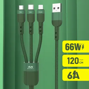 MICCELL 66W 3 en 1 cable de carga rápida aleación de aluminio nylon trenzado cable de alimentación USB 3 en 1 cable de datos de carga USB
