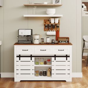 DB 53" Farmhouse Sideboard Buffet Storage Cabinet with 3 Drawers, 2 <b>Sliding</b> <b>Barn</b> <b>Doors</b>, 2 Adjustable Shelves, Coffee Bar - Product Image 2