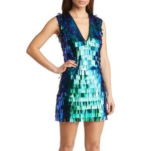 Tùy Chỉnh Sản Phẩm Mới Sang Trọng Sâu V-Cổ Không Tay Fringe Mini Cocktail Sequin Buổi Tối Ăn Mặc Cho Phụ Nữ Câu Lạc Bộ Bên