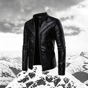 Chaqueta de motociclista clásica de alta calidad para hombre, abrigo de invierno de lana de cuero PU, liso teñido, recubierto, estilo callejero, no tejido - Product Image 2