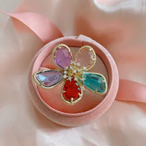 LS-B4667 cincin bunga seperti anak perempuan warna-warni cincin kristal gaya ins perhiasan wanita populer