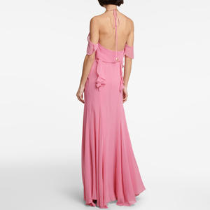 ชุดเดรสสีชมพูเปลือยหลังคอวีลึกเซ็กซี่สำหรับผู้หญิงชุดราตรียาวเปิดหลังสายคล้องคอสีทึบมีระบายหรูหรา - Product Image 3