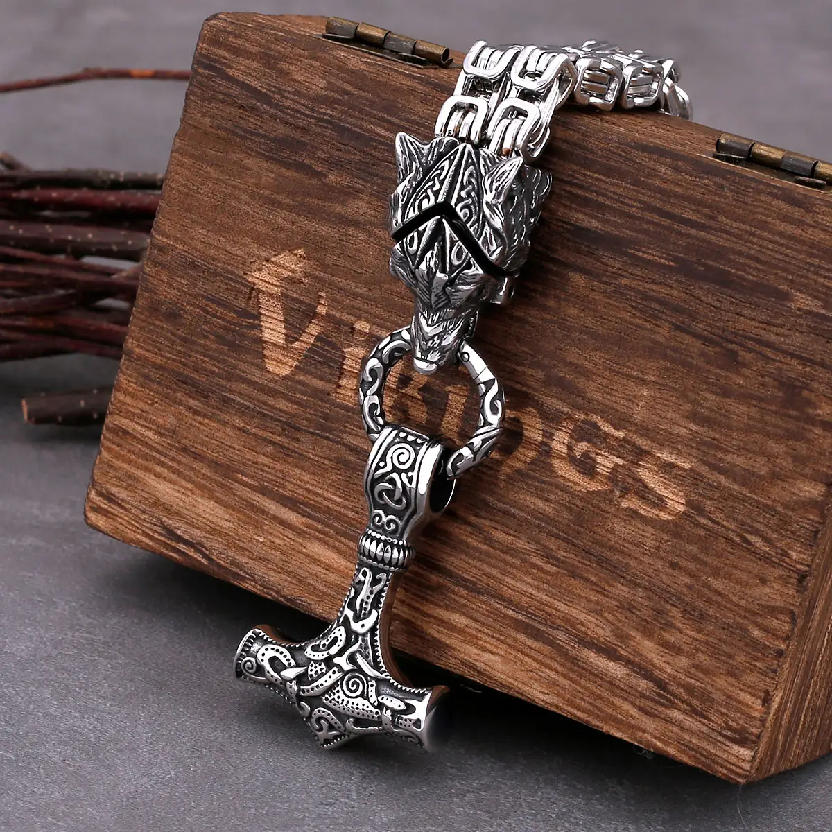 316L Stainless Steel Thor's Hammer Pendant Vintage Viking Wolf Head Necklace Fashion Jewelry Amulet Accessories For Men