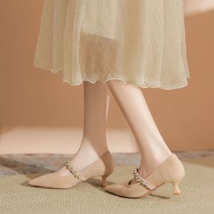 Zapatos de Mujer Mary Jane con Punta en Pico, Tacón Bajo, Correa con Pedrería, Cómodos, Color Beige Sólido, Altura del Tacón de 3cm-5cm - Product Image 3