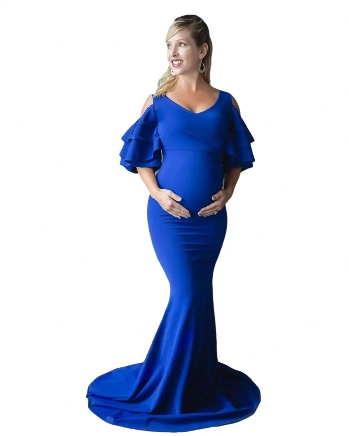 2021 미국 하이 퀄리티 신축성 임신 한 여자의 주름 장식 칼라 후행 원피스 긴 원피스 사진 후행 원피스 무료 배송