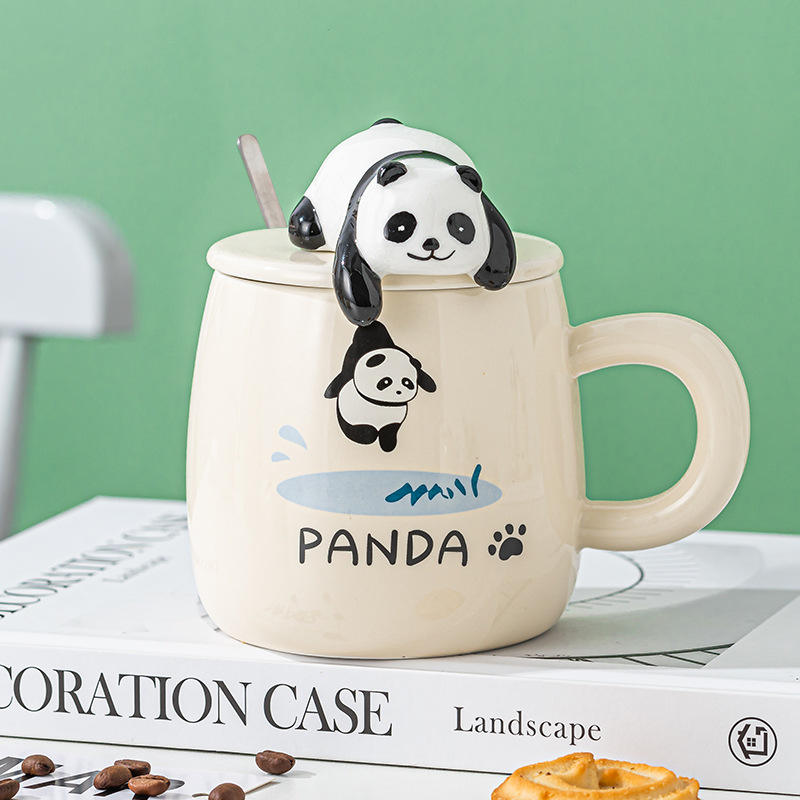 Seaygift High Appearance Party Gift Black Panda Interactive Water Cup Cute Animal Cartoon Ceramic Cup Porcelain Mugs with Spoon