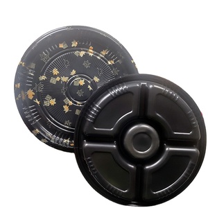 Custom High Quality 10 Inch Round Golden Maple Leaf Design Sushi Trays Plastic Disposable Food Packaging Container for Sushi
