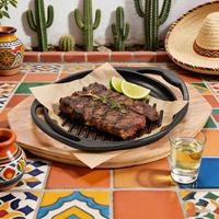 Poêle à griller ronde en fonte avec base en bois, à double poignée côtelée, pré-culottée pour steak, barbecue, camping, restaurant, personnalisable OEM