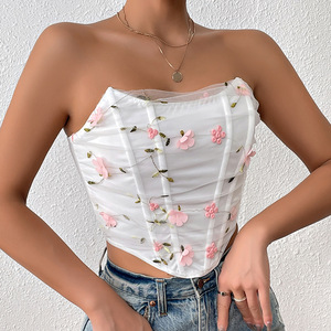 Corsé <span class=keywords><strong>de</strong></span> malla floral 3D con varillas, top tubo sin tirantes <span class=keywords><strong>para</strong></span> mujer, bustier fruncido con dobladillo asimétrico, atuendo sexy Y2K <span class=keywords><strong>para</strong></span> salir <span class=keywords><strong>de</strong></span> discoteca 2026 - Product Image 1