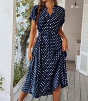 Dress kancing depan tali serut wanita, Cetak