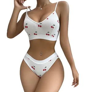 2024 Fashion Woman Sports Bra And Underwear Set Sexy Hot Fashion Show Cherry Patterns Lingerie