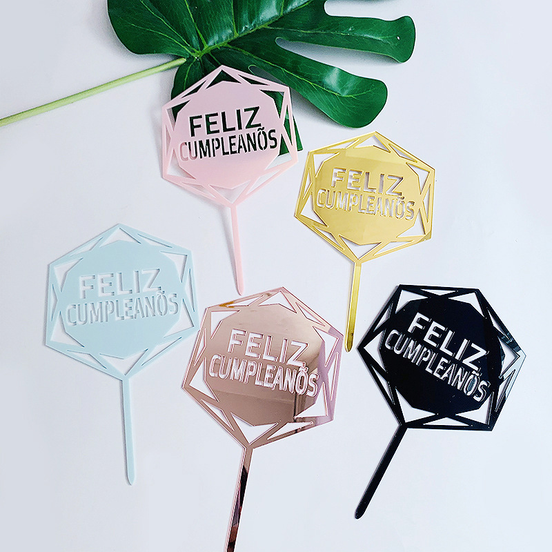 Геометрический шестигранного акрилового с днем рождения Feliz вечеринок украшения торт ко дню рождения топперы