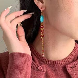 Pendientes Colgantes Vintage con Turquesa y Borlas de Cuentas Rojas, Joyería de Fiesta para Mujer, Chapados en Oro, Aleación de Zinc, Moda - Product Image 3