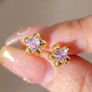 Fashion Flower Shape 18K Gold Plated Heart Cut Zircon Dainty Stud Earrings For Women Gift - Product Image 2
