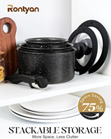 Lot de 6 casseroles et poêles en aluminium empilables avec poignée amovible, motif marbre noir, gain de place, vente en gros usine
