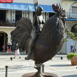 Outdoor Garden Large Bronze Kid and Rooster Sculpture Statue