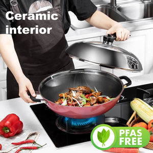 Best Selling Double Ear 304 316 Panal de acero inoxidable <span class=keywords><strong>Wok</strong></span> de cerámica Antiadherente <span class=keywords><strong>Wok</strong></span> Pan o cocina de inducción - Product Image 3