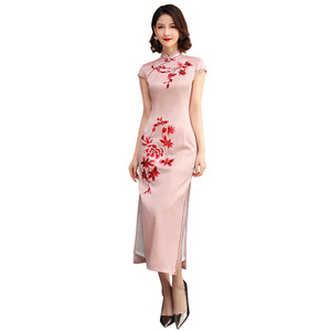 Vestido Qipao de Tela de Poliéster Pesado con Bordado, Estilo Chino, Corte Ajustado, Elegante y Económico para Uso Diario o Fiestas - Product Image 1