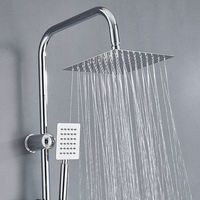 Système de douche carré chromé poli avec panneau, mitigeur monocommande, pommeau de douche pluie, douchette à main intégrée et cartouche céramique