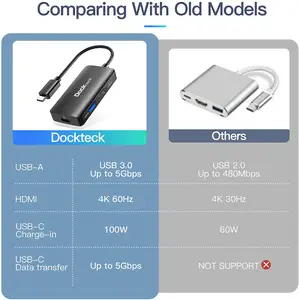 Dockteck USB C 어댑터 HDMI 4K 60Hz 허브 100W PD 및 USB 5Gbps 포트 3 in 1 USB C 허브