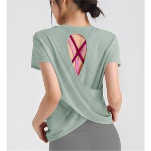 เสื้อยืดโยคะผู้หญิงแบบขายส่ง คอกลม แขนสั้น ตัดหลัง แห้งเร็ว ระบายอากาศดี เหมาะสำหรับออกกำลังกาย พิลาทิส - Product Image 1