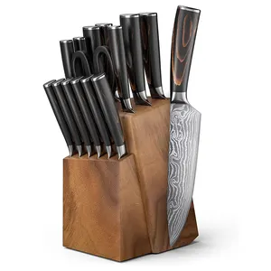 Couteau de cuisine en acier inoxydable ultra tranchant à haute teneur en carbone Couteau de chef Ensemble de blocs de couteaux en bois d'acacia avec motif laser damas
