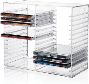 Wholesales Custom Stackable Clear Acrylic CD Organizer with Rubber Feet Jewel Cases Holder Holds up to 30 CD Cases