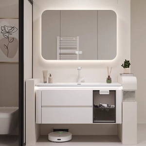 Combinaison d'armoires de salle de bain intelligentes en bois d'hévéa avec lavabo intégré en céramique - Product Image 1