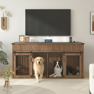 Furniture Style Double Dog <b>Crate</b> 71'' Walnut Woodgrain Top 3 Drawers Large Kennel Pet Furniture - Product Image 2