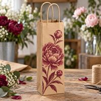 Sac cadeau en papier kraft pour bouteille de vin avec poignées torsadées, imprimé motif pivoine - Brun naturel