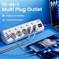 Multiprise avec protection contre les surtensions, 5 ports AC, 2 USB, 2 ports Type-C, prise EU, rallonge avec protection contre les surcharges pour la maison, le bureau, le bureau à domicile