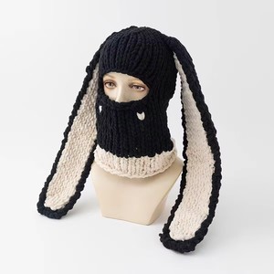 Bonnet cagoule tricoté femmes filles oreilles de lapin bicolores crochet tricot masque de ski chapeau doux pêcheur bonnets chapeaux d'hiver - Product Image 2