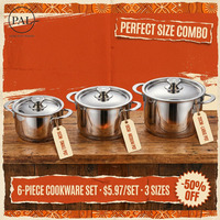 Batterie de cuisine moderne de base en acier inoxydable 6 pièces, comprenant des casseroles lisses de 16, 18 et 20 cm avec couvercles, compatibles induction, légères et écologiques