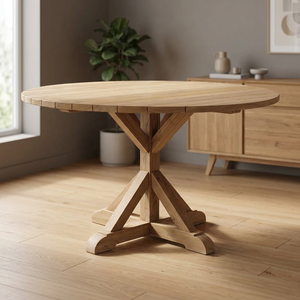Rustic <b>Round</b> Teak <b>Dining</b> <b>Table</b> with X-Base Design Durable <b>Solid</b> <b>Wood</b> Construction Assembled Modern Home Furniture - Product Image 2