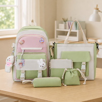 Ransel sekolah gaya kuliah lucu 17 inci, Set 5 potong dengan kotak pensil modis dan tas jinjing tahan air tas bahu