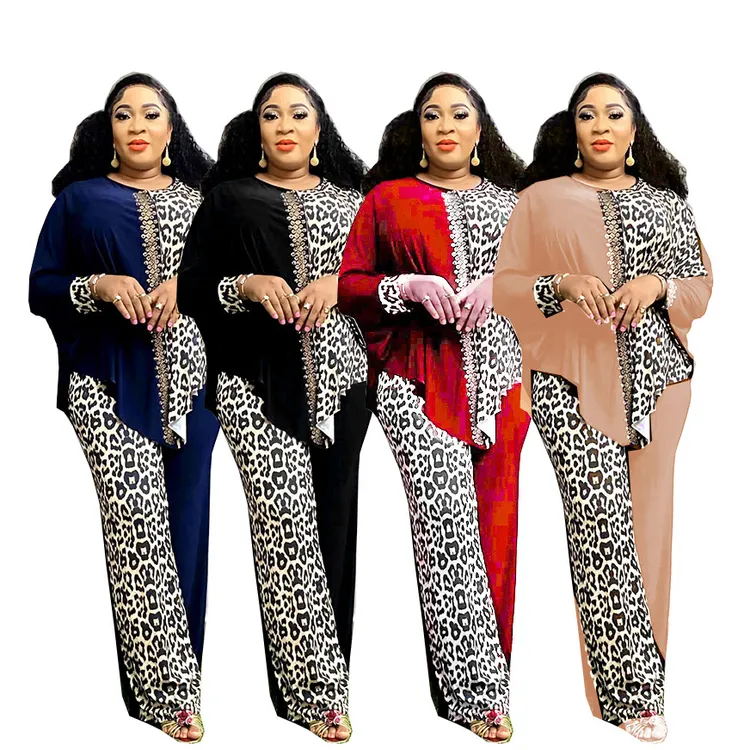 African embroidery flower Turkey design long puff sleeve plus size OL dresses pleated beaded decorative trousers two-piece set