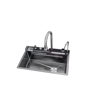 Évier de cuisine moderne à cuvette unique fait à la main en acier inoxydable 304 noir avec surface nano conception de cascade multifonctionnelle à quatre trous - Product Image 6