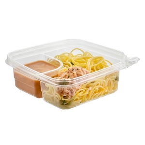 Caja de plástico PET desechable Premium de 21 OZ, diseño cuadrado de 2 compartimentos reciclable para Fideos para llevar u otros alimentos - Product Image 6