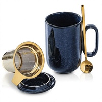 Mug à thé en céramique de porcelaine émaillée bleue avec infuseur, filtre à feuilles de thé, cuillère en métal, couvercle, grande capacité 16 oz