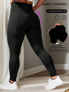 Leggings de yoga pour femmes Ummym, couleur unie, longueur intégrale, taille haute, sans couture, en spandex et polyester, rehausse la silhouette, pour le fitness et le quotidien - Product Image 3