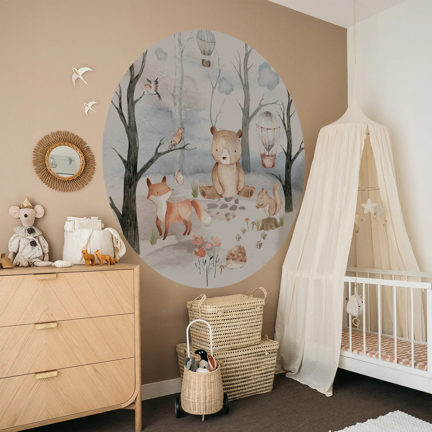 Funlife 라운드 모양 수채화 삼림 지대 동물 곰 나무 여우 벽 스티커 보육 룸 벽 데칼 DIY 스티커 패브릭