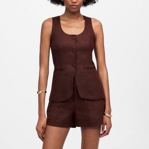 Meilleure Vente Ensemble Deux Pièces Femme en Lin Couleur Marron Unie, Gilet Sans Manches et Haut Boutonné à Col Carré, Style Formel - Product Image 1