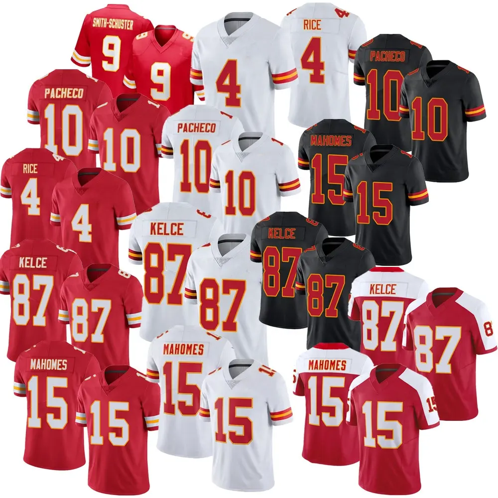 Kaus Kansas Pria 15 Patrick Mahomes 9 JuJu Smith-Schuster 87 Kelce 10 Pacheco Stitched VP Limited Jersey Sepak Bola AS-Merah