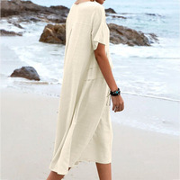 Robe midi élégante en coton et lin kaki Joydressing pour femme, coupe ample, manches courtes, style bohème décontracté, robes de plage, vente en gros, sur mesure