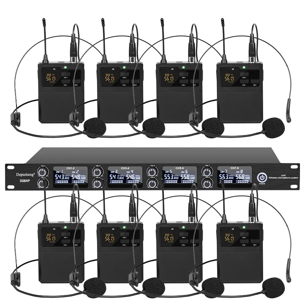 OEM D28XP 8 Channel mikrofon nirkabel UHF, headset 8 sistem mikrofon nirkabel beraneka ragam untuk ruang konferensi berbicara