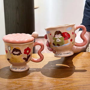 Mug en céramique avec couvercle et cuillère, motif dessin animé, pour femmes, usage domestique et bureau, collection Printemps 2025, HY-009 - Product Image 1