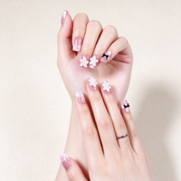 32pcs Kuku Palsu Pink Magnetic Cat Eye Full Cover ABS Press on Nails Tips Medium-Long Square 3D Flower Black Bow Lace Polka Dot