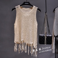 Camisole à paillettes sans manches col rond avec glands, haut en tricot pour femmes