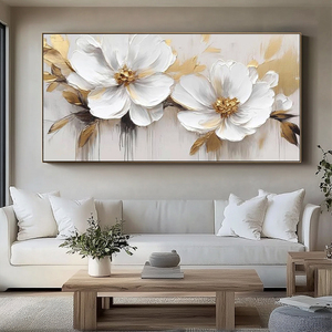 Cuadro Abstracto Moderno Grande Hecho a Mano sobre Lienzo con Hojas de Oro, Pinturas de <span class=keywords><strong>Flores</strong></span> Blancas Ecológicas para Sala de Estar - Product Image 5