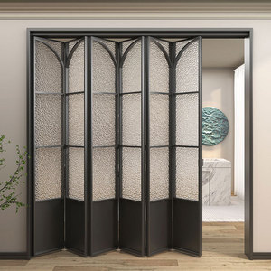Puerta Corredera Manual Minimalista de Estilo Francés Retro, Puerta de Vidrio de Tres Paneles para Sala de Estar y Cocina, Puertas Arqueadas Interiores - Product Image 5